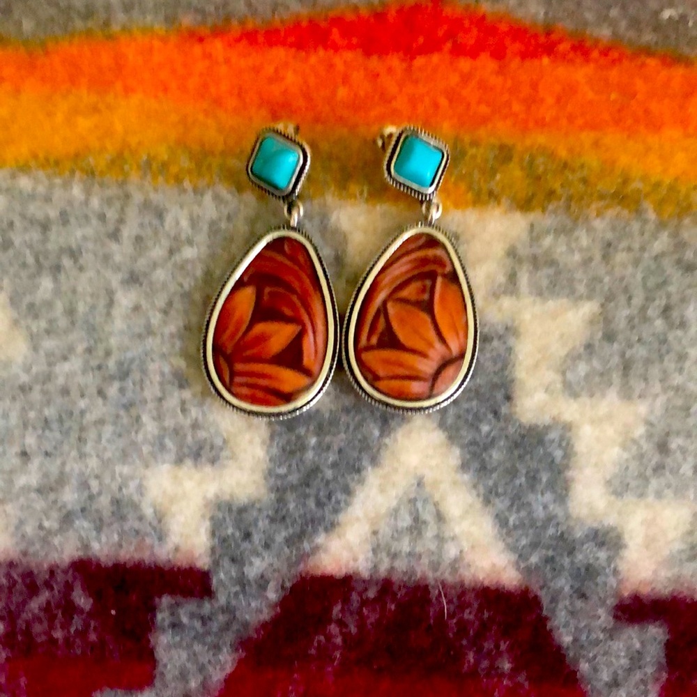 Boho Post Earrings Floral & Turquoise color stone